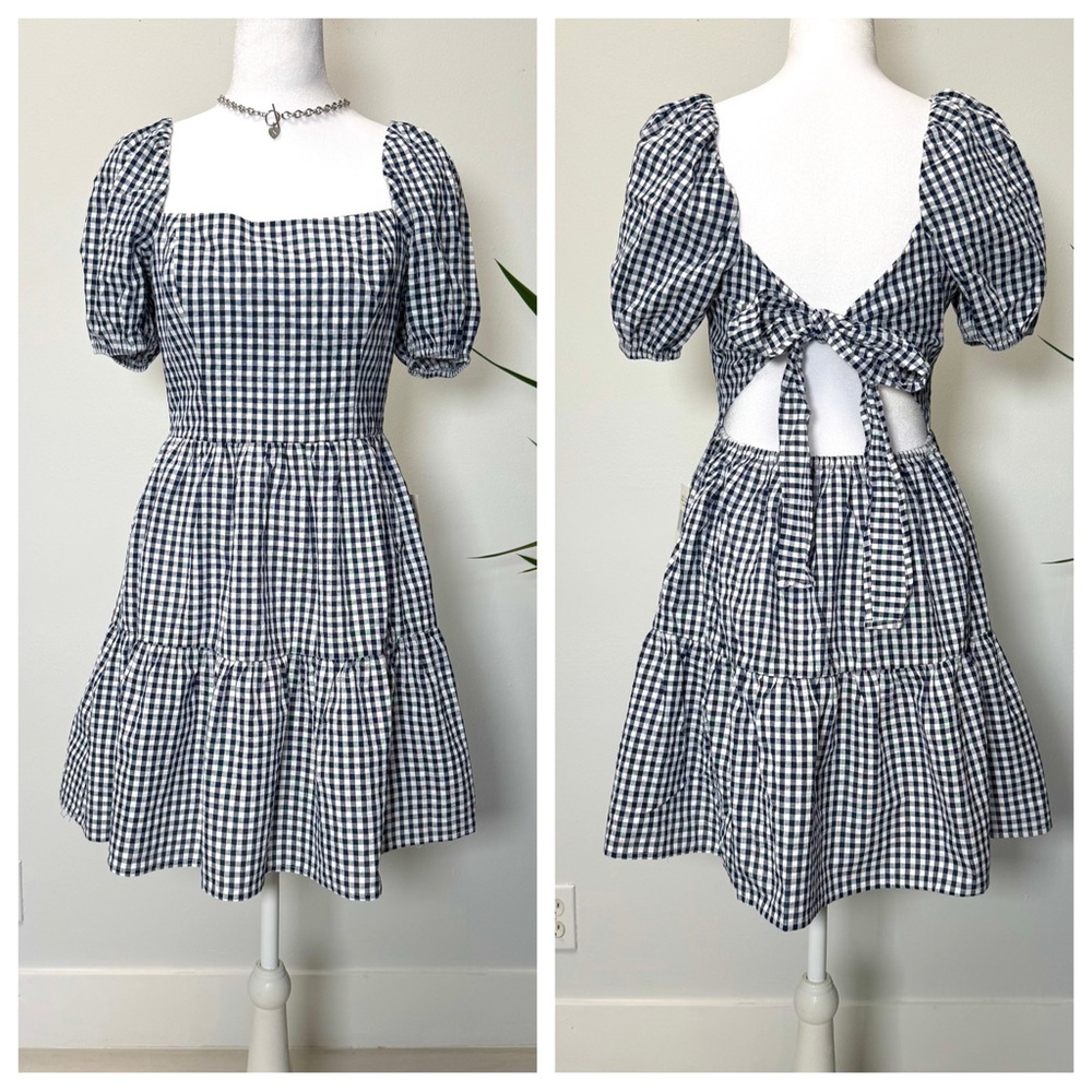 B. Smart Gingham Plaid Fit & Flare mini Dress NWT Navy White Tie-Back Spring